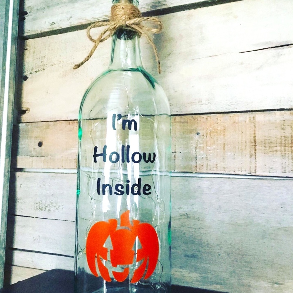 Handmade- ‘I’m Hollow Inside’ logo wine bottle lantern